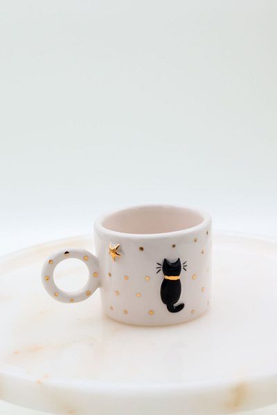 Özce Art Ceramic Atelier Cat Patterned Handmade 170 ml Turkish Coffee - Cup and Saucer with Gold Detail