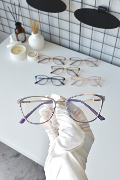 LeatherBold نظارة معدنية شفافة على شكل عين القطة باللون الأرجواني الليلكي للج...