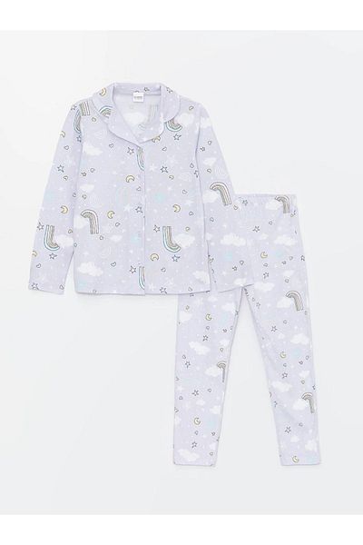 LC Waikiki LCW Kids Shirt Collar Patterned Long Sleeve Girl's Pajamas Set