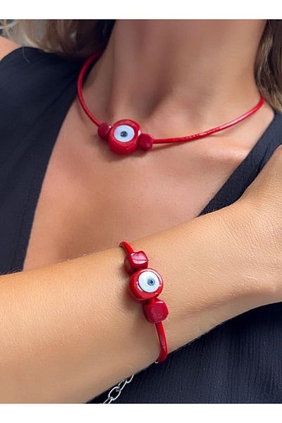 Kutcha Accessories Red Leather Necklace and Bracelet Set - Evil Eye Bead, Elegance and Protection