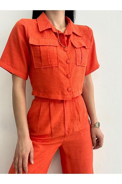 butik derin Orange Linen Set - Shirt, Jacket, Trousers and HİJAB
