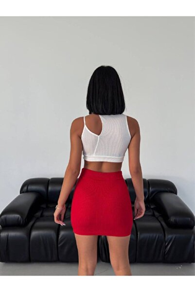 Genel Markalar Kaşkorse Full Likralı Fitilli Mini Etek Kırmızı