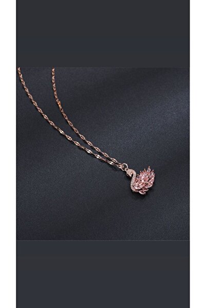ANGELSS JEWELLERY Pembe Taşlı Kuğu Kolye (Zirkon Taşlı Kuğu Çelik Kolye)
