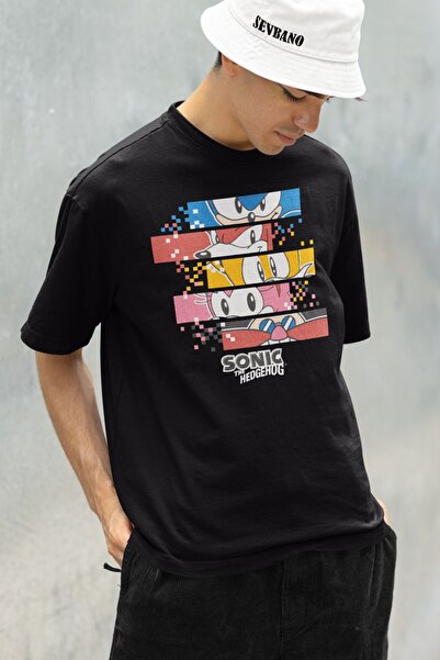 SEVBANO Sonic the Hedgehog Unisex Oversize Striped Character Printed T-Shirt