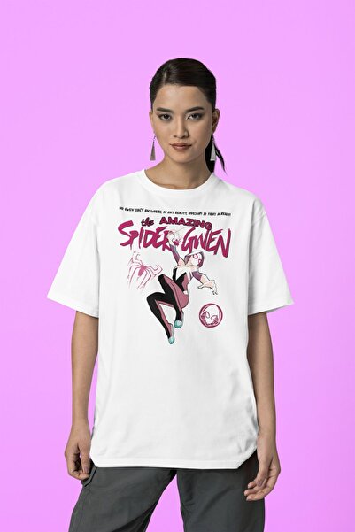 SEVBANO The Amazing Spider Gwen Baskılı Unisex Tişört, Oversize Marvel Tişört