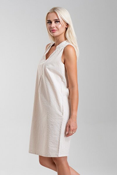 Bold & Young Γυναικείο φόρεμα από λινό υφαντό βαμβακερό ριγέ - με τσέπες