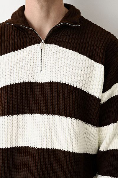 İLKCET MODA Унисекс плетен пуловер - яка с цип, дебели райета