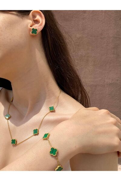 ANGELSS JEWELLERY Yeşil Yonca Model Kadın Çelik (KOLYE & BİLEKLİK & KÜPE) 3'l...