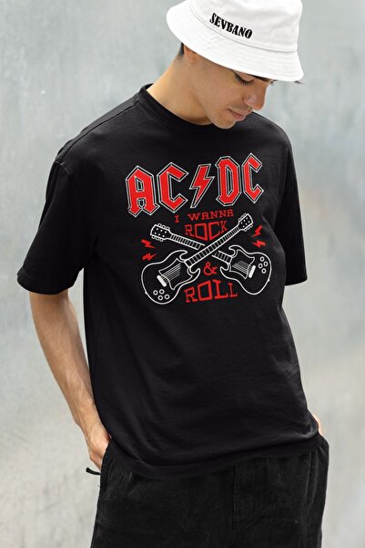SEVBANO Unisex majica prevelikog kroja - Želim da igram rock and roll, AC DC ...