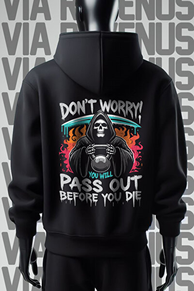 Vordevia Hanorac negru cu glugă, imprimat față și spate pentru sală de gimnastică - 3 fire