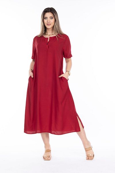 Eceyaman moda WOMEN'S RED SIDE SLITCHED BUTTONED FRONT LARGE SIZE DRESS