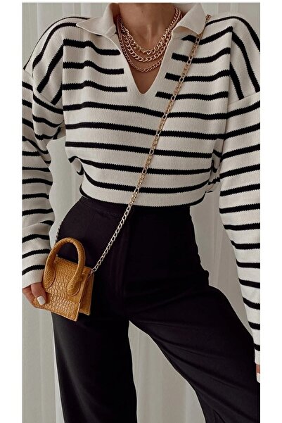 Mrt Tricotaj în dungi cu gât polo Pulover Crem