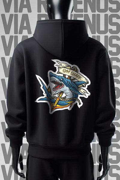Vordevia Черен суичър с качулка Gym Shark - 3 нишки, широко кроене, щампа отпред и отзад