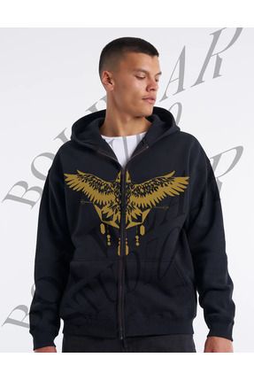 Boi Siyah Gold Eagle Kartal Bask l Oversize Unisex Fermuarl Kap onlu Sweatshirt Erkek H rka Ceket Fiyat Yorumlar Trendyol