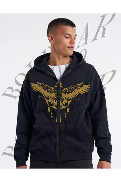 Boi Unisex Black Gold Eagle Oversize Hooded Zippered Sweatshirt - Men's Cardigan Jacket