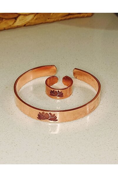 DA Cooper Design Copper Bracelet Lotus Flower Motif Lucky Bracelet & Ring Set 45 Gr Copper