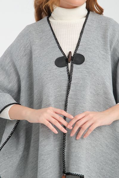 VEGA MODA Stylish Designed Plain Knitwear Poncho - Patternless Shawl Poncho with Button Detail