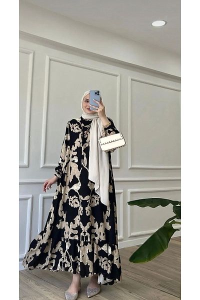ELEGANTSTİL CLOUD PATTERNED PREMIUM VISKOSE BLACK TESETURAL DRESS