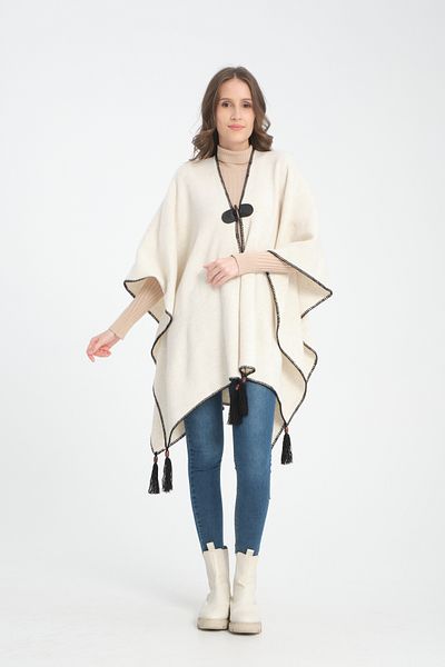 VEGA MODA Stylish Designed Plain Knitwear Poncho - Patternless Shawl Poncho with Button Detail