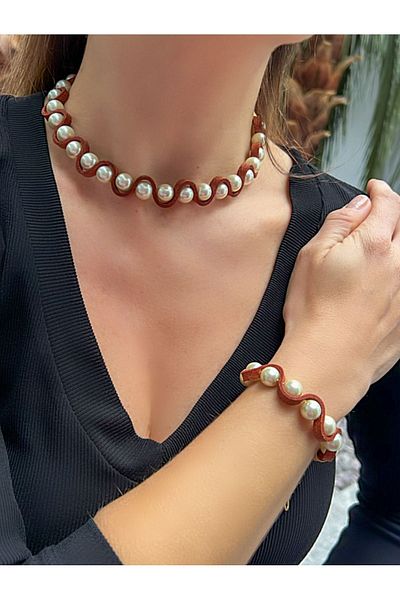 Kutcha Accessories Leather and Pearl Choker Necklace and Bracelet Set - Stylish Design