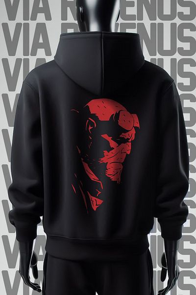 Vordevia Черен суитшърт с качулка и щампа HellBoy - широк модел с 3 прежди