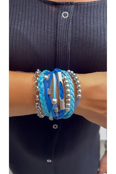 Kutcha Accessories Mavi Okyanus Çok Katmanlı Bileklik - Gümüş Detaylı Ve Örgü Tasarım