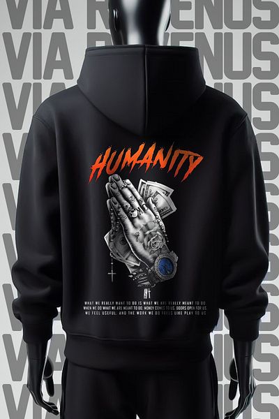 Vordevia Черен суитшърт с качулка и 3 нишки с щампа отпред и отзад Humanity Wide Cut