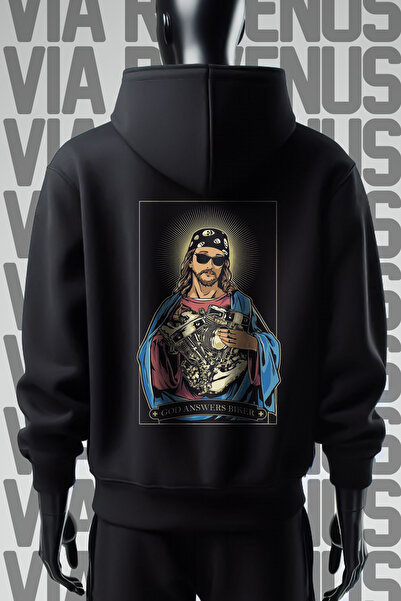 Vordevia Jesus Biker Prednja i Zadnja Štampano 3 Niti Široka Crna K Sa kapulj...