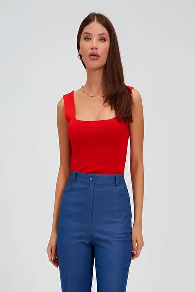 Baluxe Women's Red Thick Strap Square Neck Knitwear Blouse