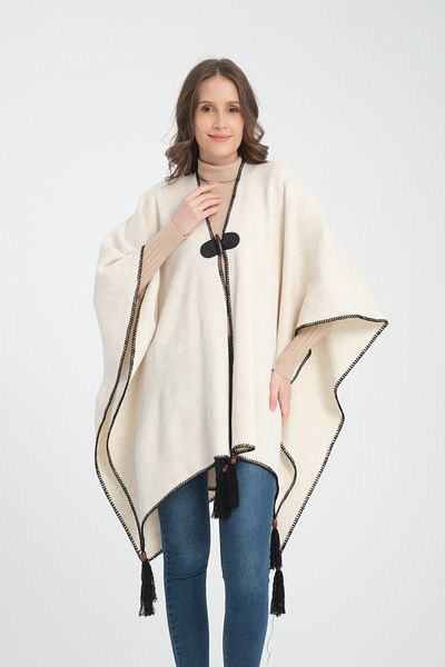 VEGA MODA Stylish Designed Plain Knitwear Poncho - Patternless Shawl Poncho with Button Detail