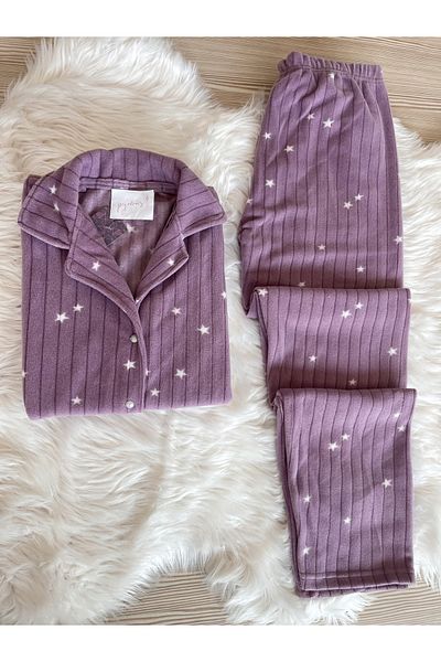 Pijamacs Fleecová sada pyžama - vzor fialové hvězdy, přední strana s knoflíky