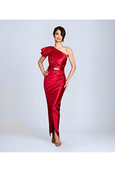 OTHERONE Tek Omuz Detaylı Saten Abiye