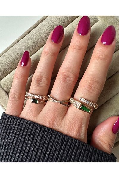 ringbox Gold Double Row Baguette Stone Emerald Detailed Women's Ring
