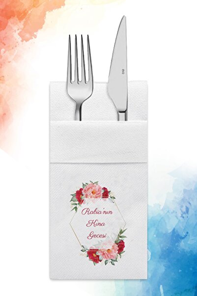 nna tasarım 50 Adet Kişiye Özel Isim Baskılı Aırlaıd Cepli Kına Peçetesi (A08...