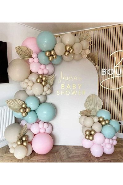 eğlencemarketi Chrome Gold Winter Green Macaron Pink and Sea Sand Balloon Chain 100 Pieces