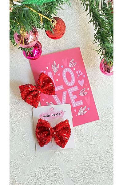 Toka Perisi Red Sequined Stylish Bow Double Buckle