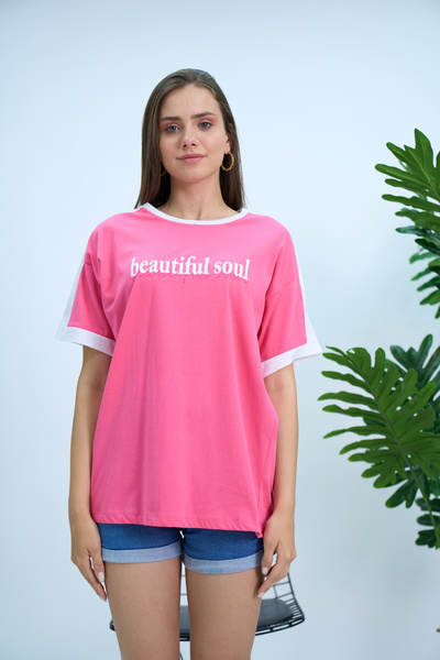 PONÇİK Γυναικείο μπλουζάκι Beatiful Soul με στάμπα 23101 Ροζ