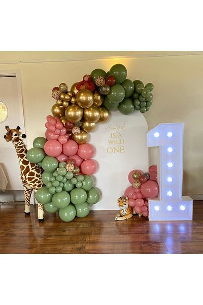 eğlencemarketi 100 Pieces Chrome Gold Eucalyptus Green and Flamingo Pink Balloon Chain