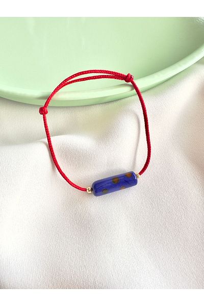 Atelier Çağla Glass Spotted Dark Blue Cylinder Red String Bracelet