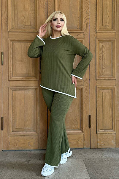 RURIS قميص قصير نسائي كاكي - رقبة دائرية، تفاصيل مخططة وفتحة من القطن الليكرا...