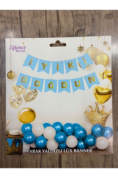 eğlencemarketi Happy Birthday Text Luxury Gilded Banner Blue Gold