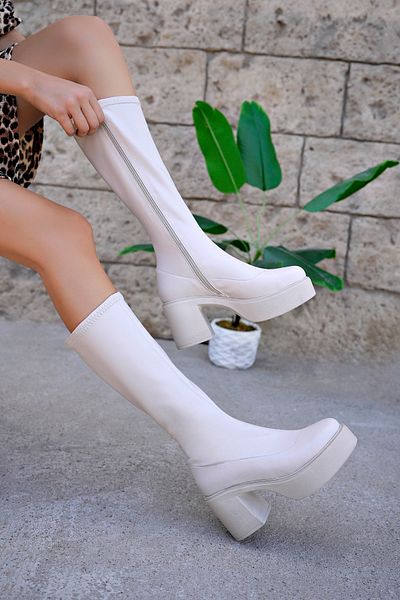 bakacstore Μπεζ Stretch Γυναικείες Μπότες Πλατφόρμας με τακούνι - Μακρύ πόδι και ψηλή σόλα