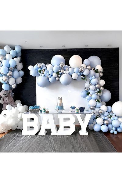 eğlencemarketi Chrome Silver Macaron Blue Smoke and White Balloon Chain 100 Pieces
