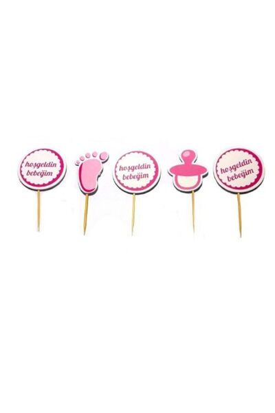 eğlencemarketi Hoşgeldin Bebek Pembe Süslü Kürdan 20 Adet Baby Shower