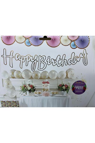 eğlencemarketi White Gold Leaf Calligraphy Happy Birthday Banner
