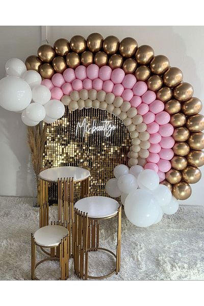 eğlencemarketi Chrome Gold Macaron Pink Sea Sand and White Balloon Chain 100 Pieces