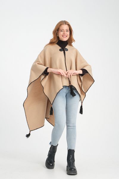 VEGA MODA Stylish Designed Plain Knitwear Poncho - Patternless Shawl Poncho with Button Detail