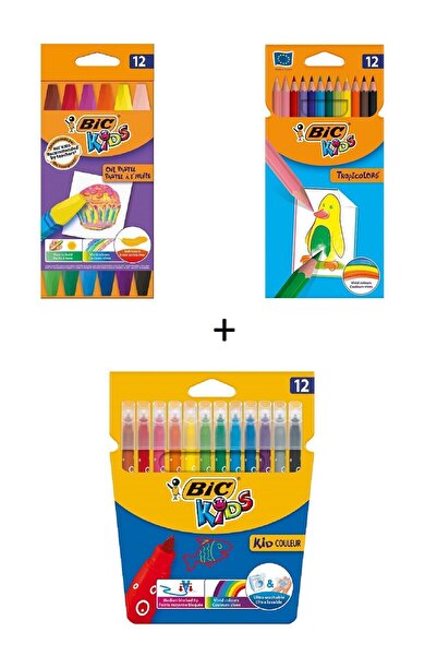 Bic Yıkanabilir Keçeli Boya Kalemi 12'li + Yağlı Pastel Boya 12'li + Kuru Boya Kalemi 12'li 3'lü Set