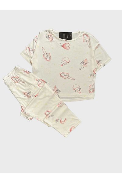tusem butik homewear Ecru Crepe Fabric - Heart Moon and Star Cloud Patterned Short Sleeve Summer Pajamas Set