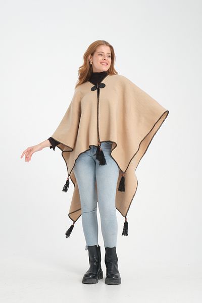 VEGA MODA Stylish Designed Plain Knitwear Poncho - Patternless Shawl Poncho with Button Detail